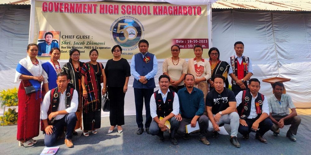Minister for PHED, Jacob Zhimomi with the staff of Khaghaboto Government High School at the school’s golden jubilee on October 19.